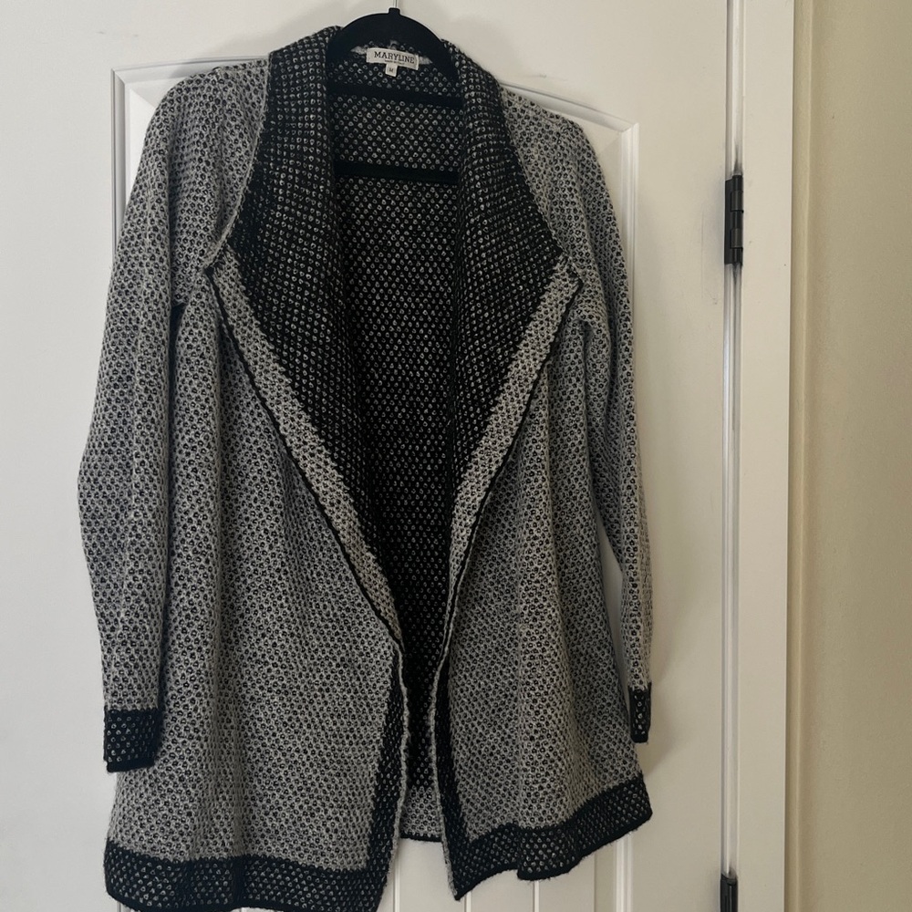 Maryline Made in Italy Cardigan Sweater Gray Black Wool Blend Open Front